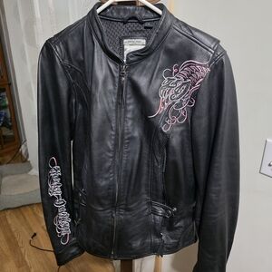 Harley-Davidson Black Leather Jacket with Pink Embroidery